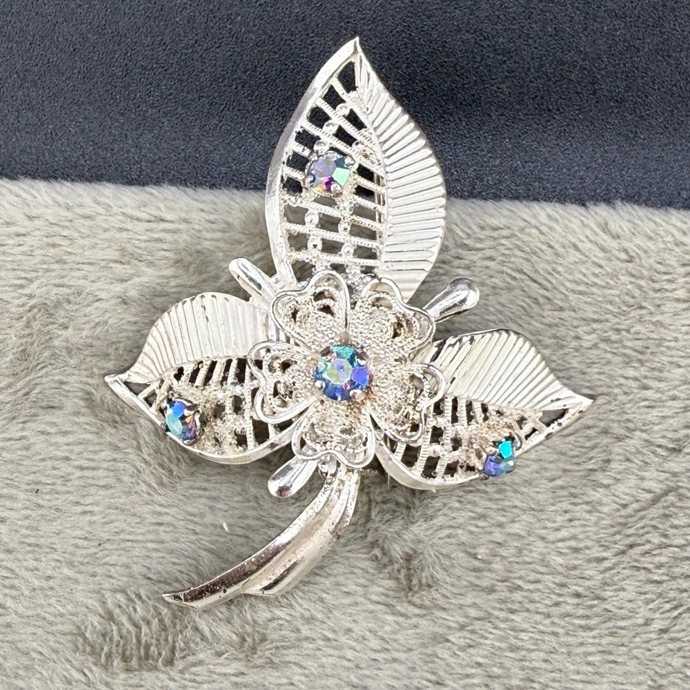 Vintage Triad Brooch Leaf Silver Tone Blue AB Rhinestone Signed 2.25in